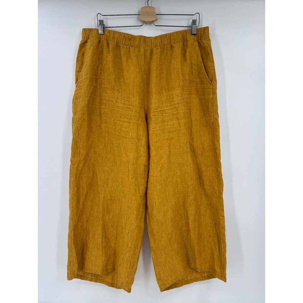 Eileen Fisher Mustard Yellow 100% Organic Linen Wide Leg Crop Pants Large - Picture 9 of 9